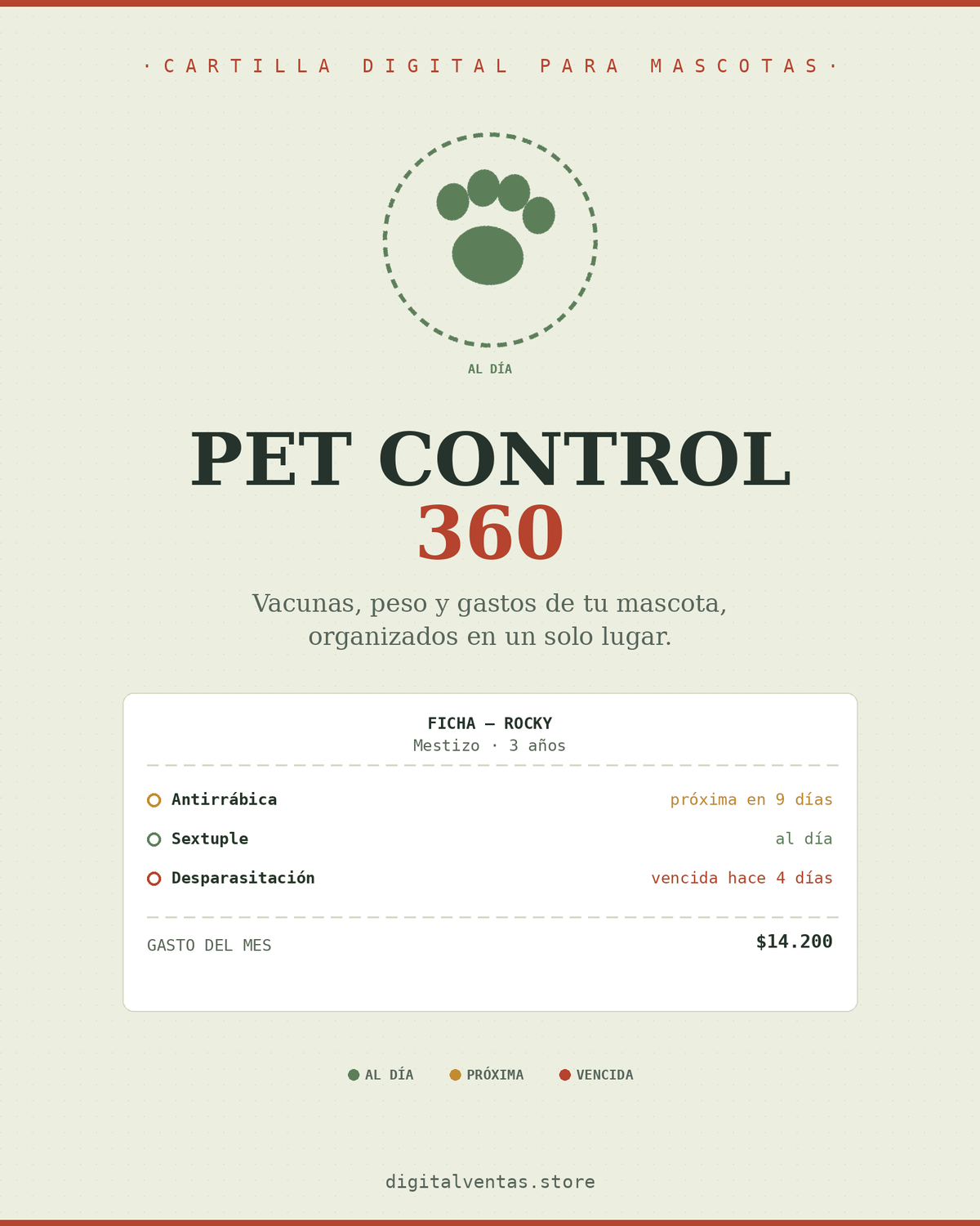 Pet Control 360 — Cartilla Digital para tu Mascota (Vacunas, Peso y Gastos) - Digitalventas